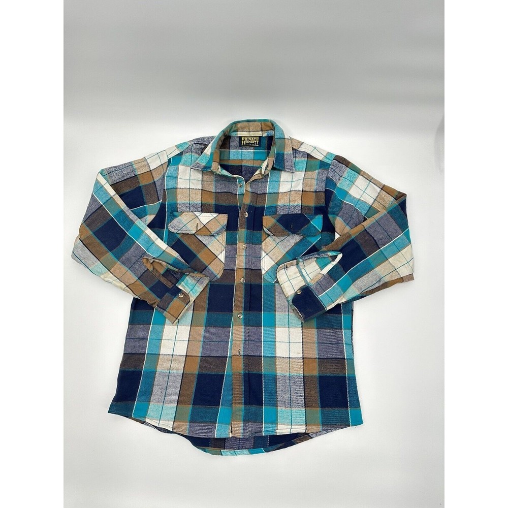 Vintage Private Property‎ Flannel Shirt Mens  M Blue Green Plaid Button Up Thick - Picture 6 of 15